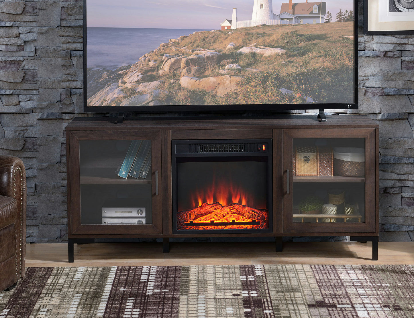 Dark Oak Finish TV Stand with Built In Electric Fireplace