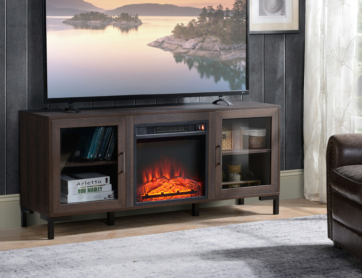 Dark Oak Finish TV Stand with Built In Electric Fireplace