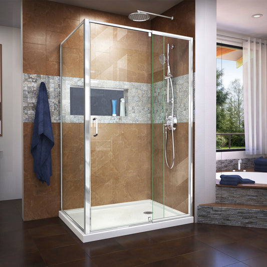Flex 36 in. D x 48 in. W x 74 3/4 in. H Semi-Frameless Pivot Shower Enclosure in Chrome with Right Drain White Base Kit
