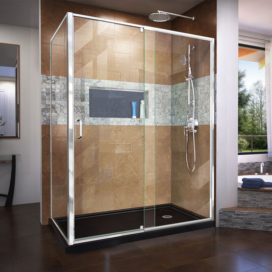 Flex 36 in. D x 60 in. W x 74 3/4 in. H Semi-Frameless Pivot Shower Enclosure in Chrome with Right Drain Black Base Kit