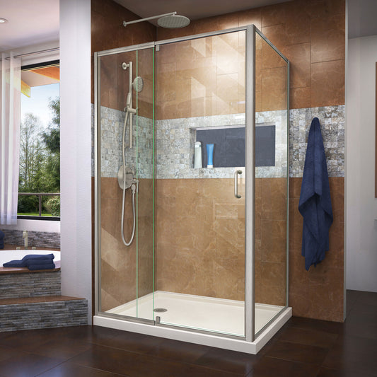 Flex 36 in. D x 48 in. W x 74 3/4 in. H Semi-Frameless Shower Enclosure in Brushed Nickel with Left Drain Biscuit Base