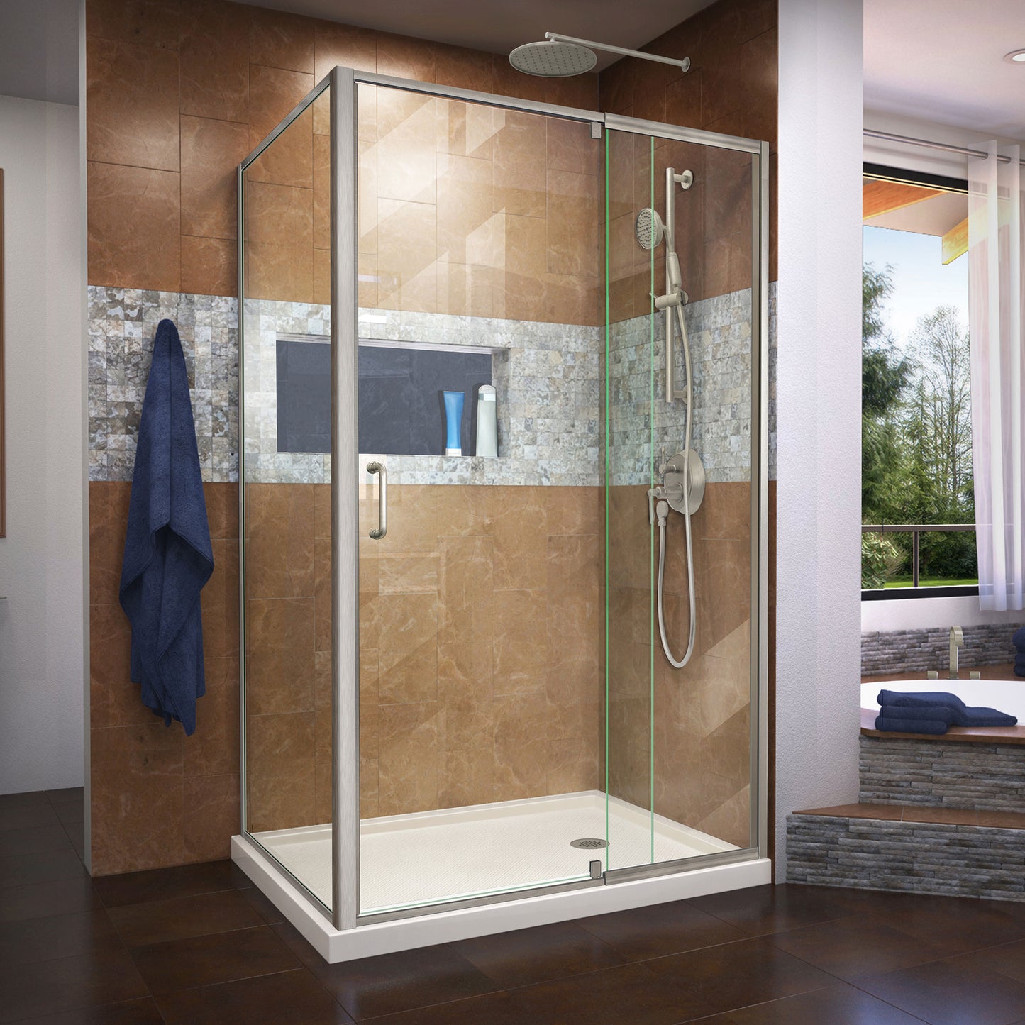 Flex 36 in. D x 48 in. W x 74 3/4 in. H Semi-Frameless Shower Enclosure in Brushed Nickel with Right Drain Biscuit Base