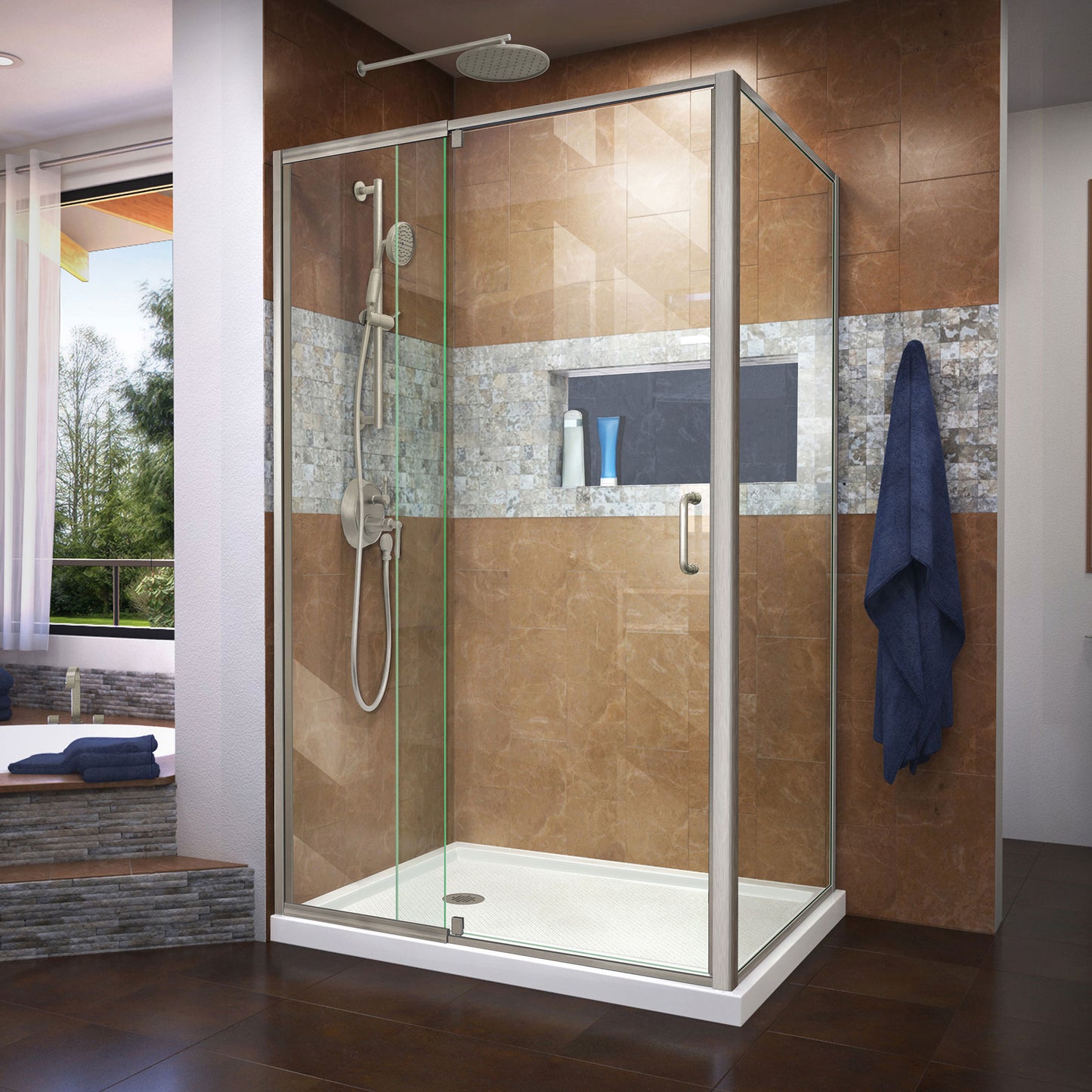 Flex 36 in. D x 48 in. W x 74 3/4 in. H Semi-Frameless Shower Enclosure in Brushed Nickel with Left Drain White Base Kit