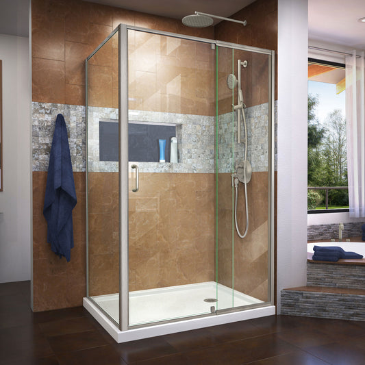 Flex 36 in. D x 48 in. W x 74 3/4 in. H Semi-Frameless Shower Enclosure in Brushed Nickel with Right Drain White Base