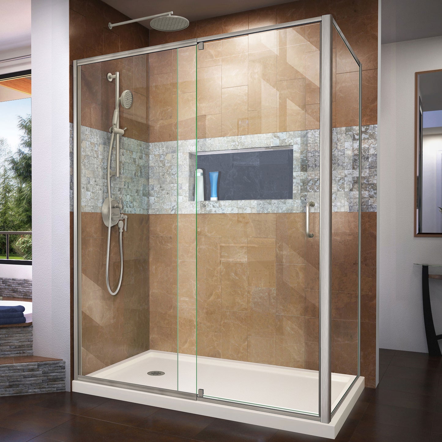 Flex 36 in. D x 60 in. W x 74 3/4 in. H Semi-Frameless Shower Enclosure in Brushed Nickel with Left Drain Biscuit Base