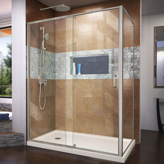Flex 36 in. D x 60 in. W x 74 3/4 in. H Semi-Frameless Shower Enclosure in Brushed Nickel with Left Drain Biscuit Base