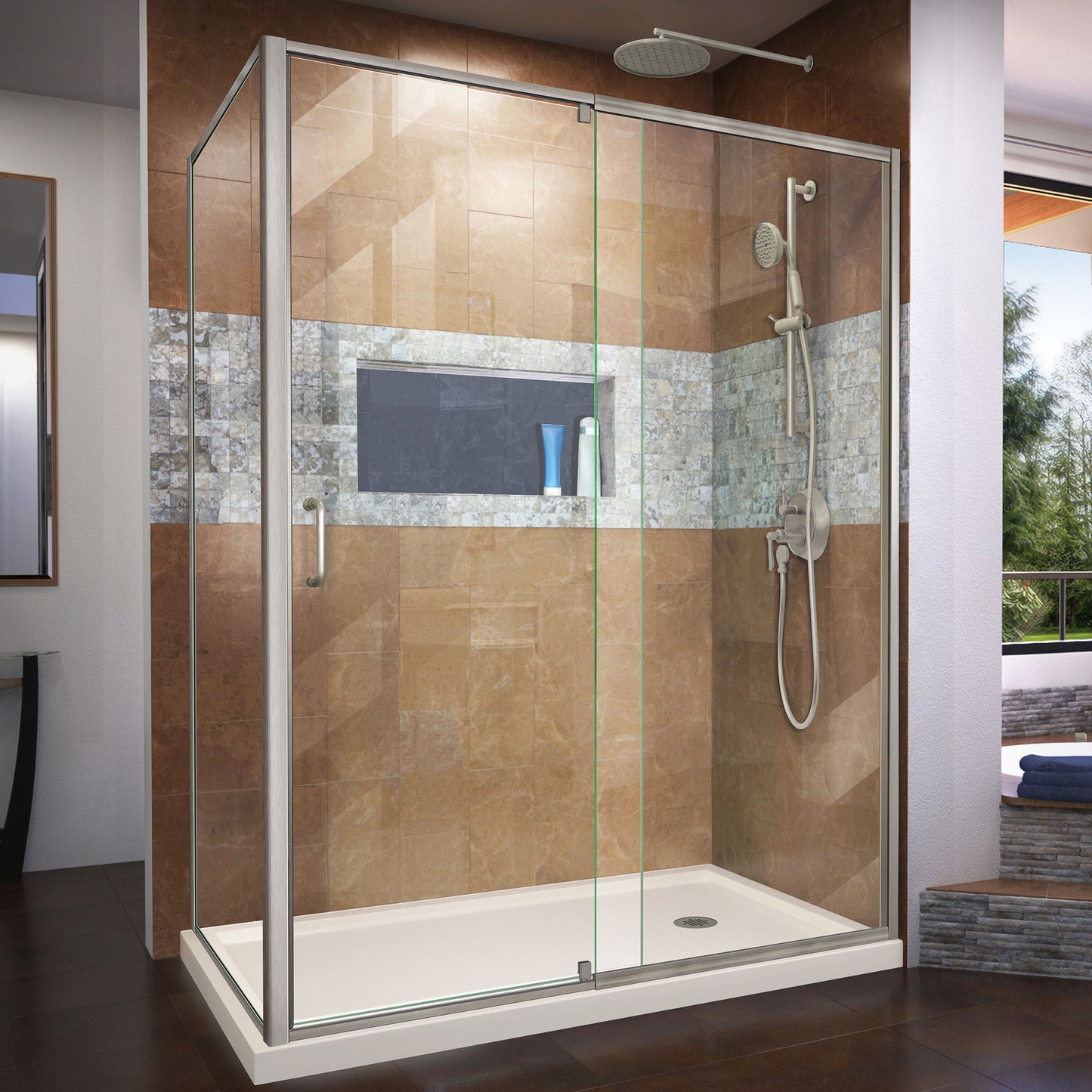 Flex 36 in. D x 60 in. W x 74 3/4 in. H Semi-Frameless Shower Enclosure in Brushed Nickel with Right Drain Biscuit Base