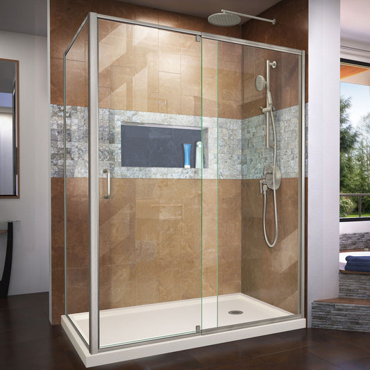 Flex 36 in. D x 60 in. W x 74 3/4 in. H Semi-Frameless Shower Enclosure in Brushed Nickel with Right Drain Biscuit Base