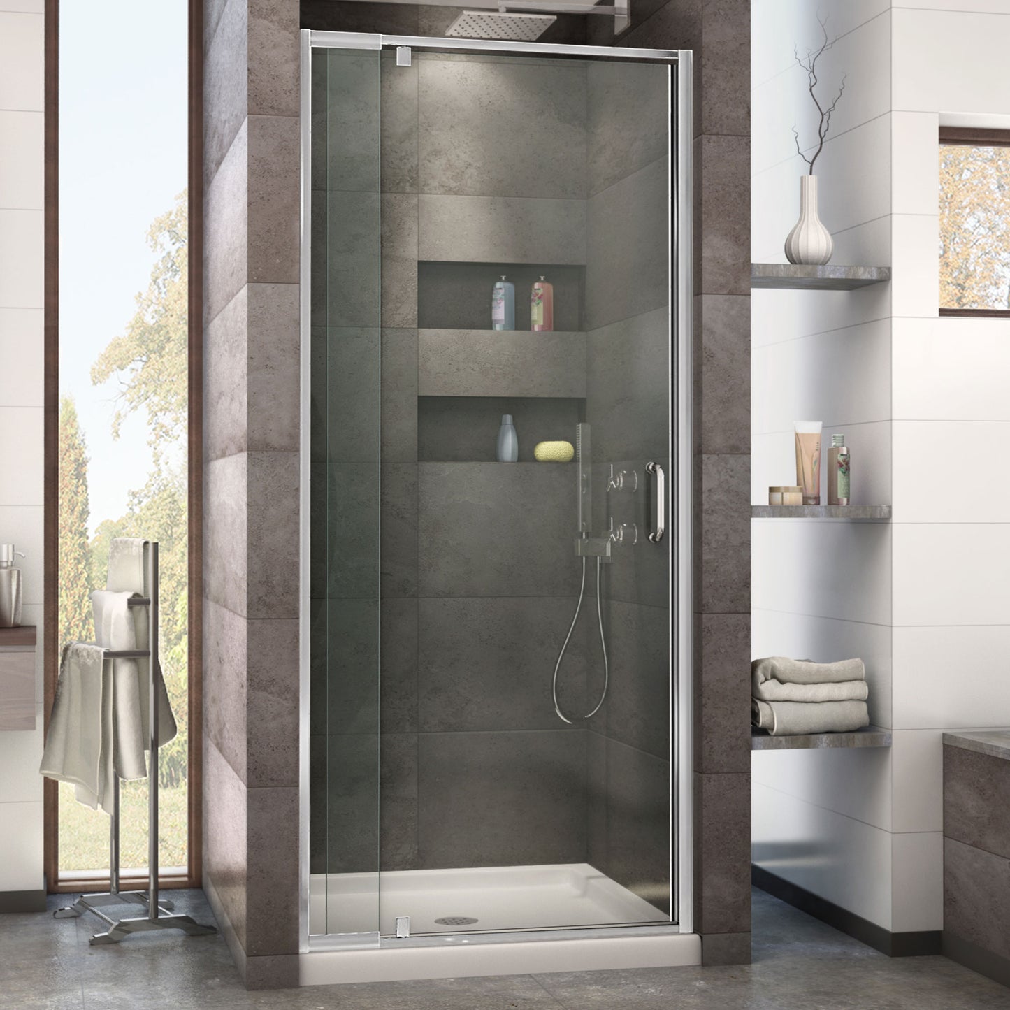 Flex 32 in. D x 32 in. W x 74 3/4 in. H Semi-Frameless Pivot Shower Door in Chrome with Center Drain Biscuit Base