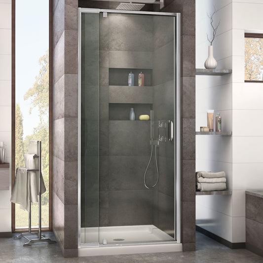 Flex 32 in. D x 32 in. W x 74 3/4 in. H Semi-Frameless Pivot Shower Door in Chrome with Center Drain Biscuit Base