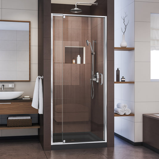 Flex 32 in. D x 32 in. W x 74 3/4 in. H Semi-Frameless Pivot Shower Door in Chrome with Center Drain Black Base