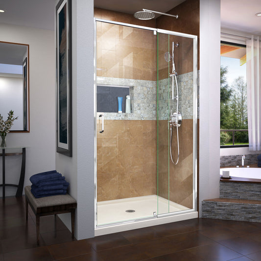 Flex 32 in. D x 42 in. W x 74 3/4 in. H Semi-Frameless Pivot Shower Door in Chrome with Center Drain Biscuit Base Kit