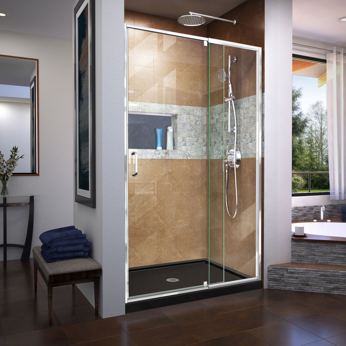 Flex 34 in. D x 42 in. W x 74 3/4 in. H Semi-Frameless Pivot Shower Door in Chrome with Center Drain Black Base Kit
