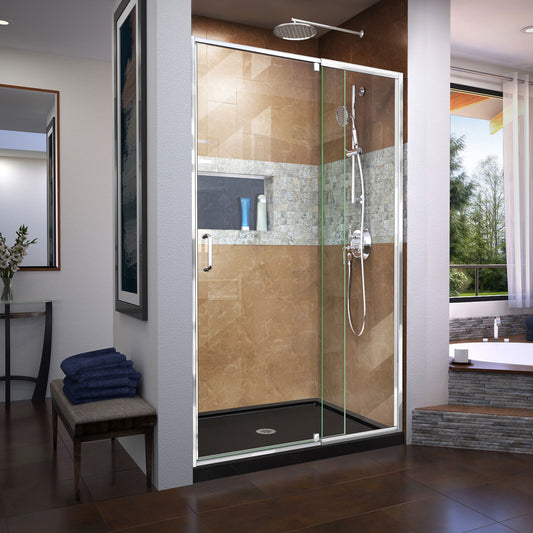 Flex 32 in. D x 42 in. W x 74 3/4 in. H Semi-Frameless Pivot Shower Door in Chrome with Center Drain Black Base Kit