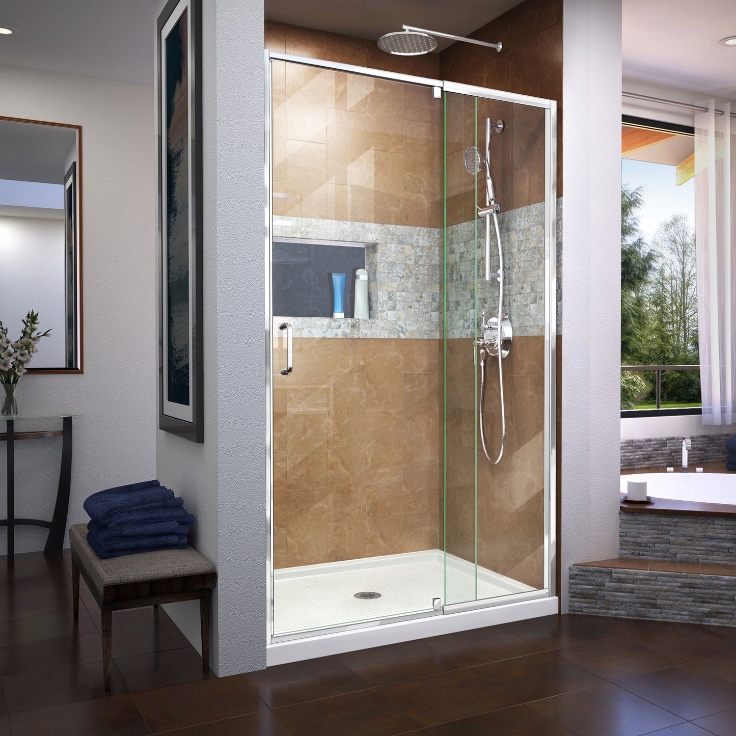 Flex 34 in. D x 42 in. W x 74 3/4 in. H Semi-Frameless Pivot Shower Door in Chrome with Center Drain White Base Kit