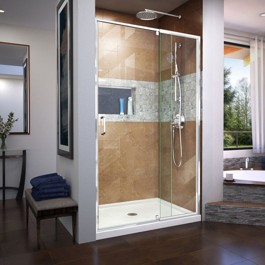 Flex 34 in. D x 42 in. W x 74 3/4 in. H Semi-Frameless Pivot Shower Door in Chrome with Center Drain White Base Kit