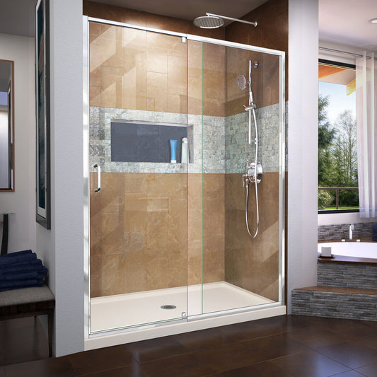 Flex 36 in. D x 60 in. W x 74 3/4 in. H Semi-Frameless Pivot Shower Door in Chrome with Center Drain Biscuit Base Kit