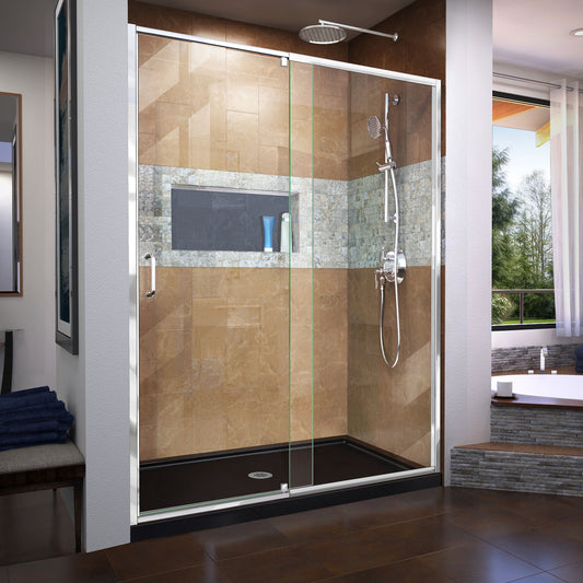 Flex 36 in. D x 60 in. W x 74 3/4 in. H Semi-Frameless Pivot Shower Door in Chrome with Center Drain Black Base Kit