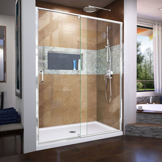 Flex 36 in. D x 60 in. W x 74 3/4 in. H Semi-Frameless Pivot Shower Door in Chrome with Center Drain White Base Kit