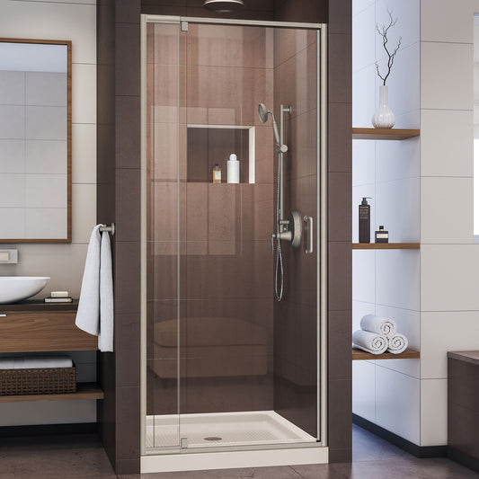 Flex 36 in. D x 36 in. W x 74 3/4 in. H Semi-Frameless Pivot Shower Door in Brushed Nickel and Center Drain Biscuit Base