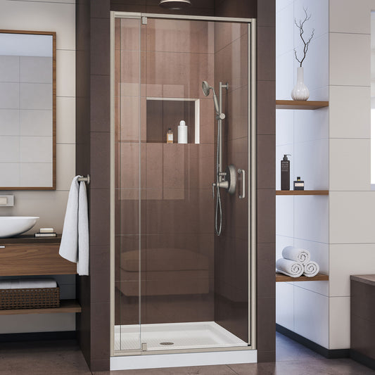 Flex 36 in. D x 36 in. W x 74 3/4 in. H Semi-Frameless Pivot Shower Door in Brushed Nickel and Center Drain White Base