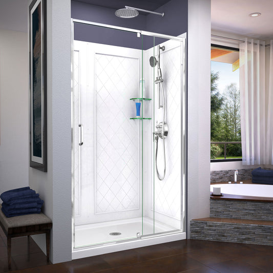 Flex 36 in. D x 48 in. W x 76 3/4 in. H Semi-Frameless Shower Door in Chrome with Center Drain White Base and Backwalls