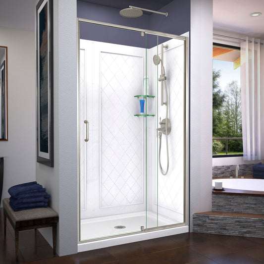 Flex 36 in. D x 48 in. W x 76 3/4 in. H Semi-Frameless Shower Door in Brushed Nickel with Center Drain Base, Backwalls