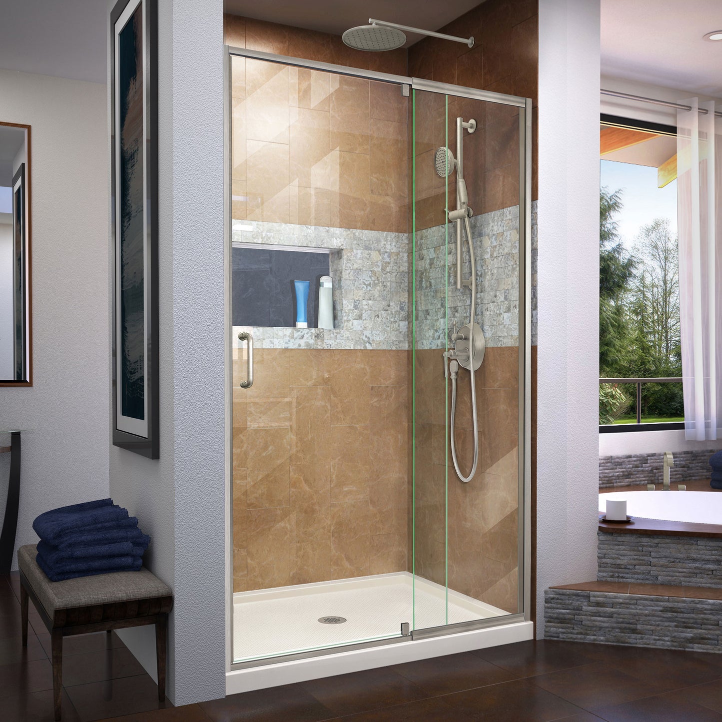 Flex 32 in. D x 42 in. W x 74 3/4 in. H Semi-Frameless Shower Door in Brushed Nickel with Center Drain Biscuit Base Kit