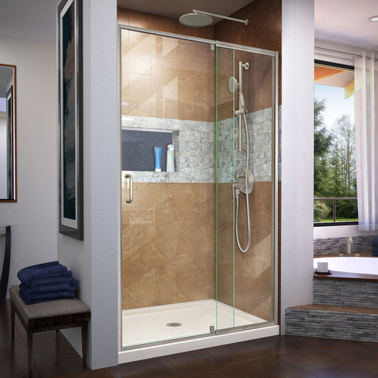 Flex 32 in. D x 42 in. W x 74 3/4 in. H Semi-Frameless Shower Door in Brushed Nickel with Center Drain Biscuit Base Kit
