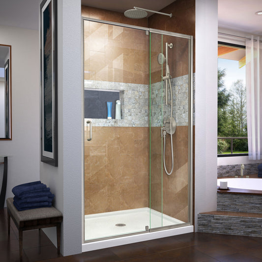 Flex 32 in. D x 42 in. W x 74 3/4 in. H Semi-Frameless Shower Door in Brushed Nickel with Center Drain White Base Kit