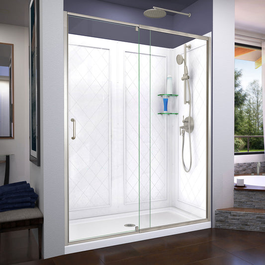 Flex 32 in. D x 60 in. W x 76 3/4 in. H Semi-Frameless Shower Door in Brushed Nickel with Center Drain Base, Backwalls
