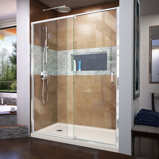Flex 36 in. D x 60 in. W x 74 3/4 in. H Semi-Frameless Pivot Shower Door in Chrome with Left Drain Biscuit Base Kit