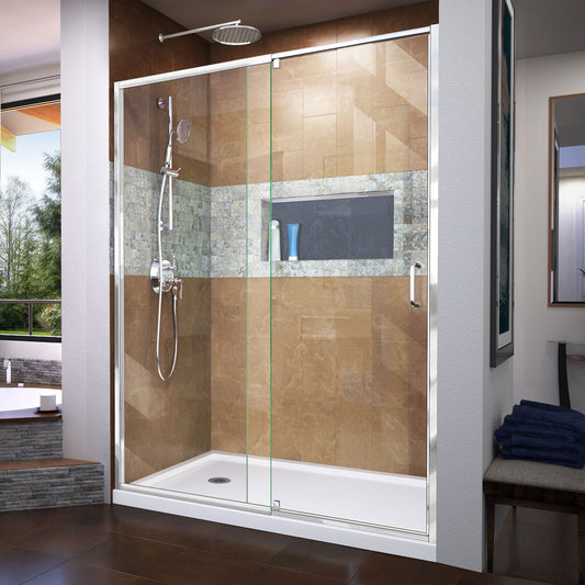 Flex 36 in. D x 60 in. W x 74 3/4 in. H Semi-Frameless Pivot Shower Door in Chrome with Left Drain White Base Kit