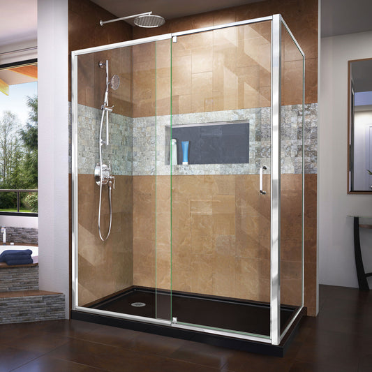 Flex 36 in. D x 60 in. W x 74 3/4 in. H Semi-Frameless Pivot Shower Enclosure in Chrome with Left Drain Black Base Kit