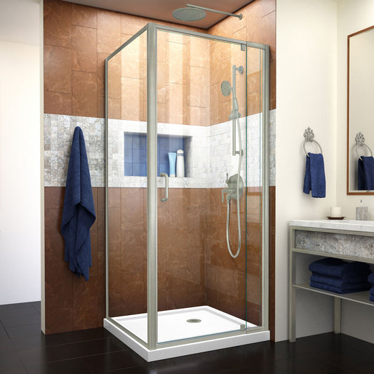 Flex 32 in. D x 32 in. W x 74 3/4 in. H Semi-Frameless Pivot Shower Enclosure in Brushed Nickel and White Base Kit