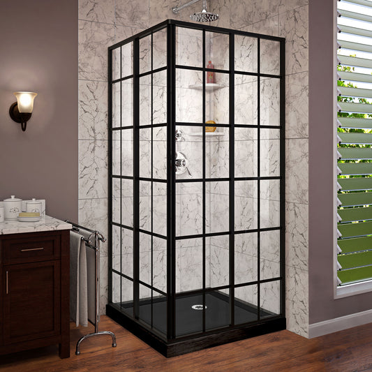 French Corner 42 in. D x 42 in. W x 74 3/4 in. H Framed Sliding Shower Enclosure in Satin Black and Black Acrylic Base
