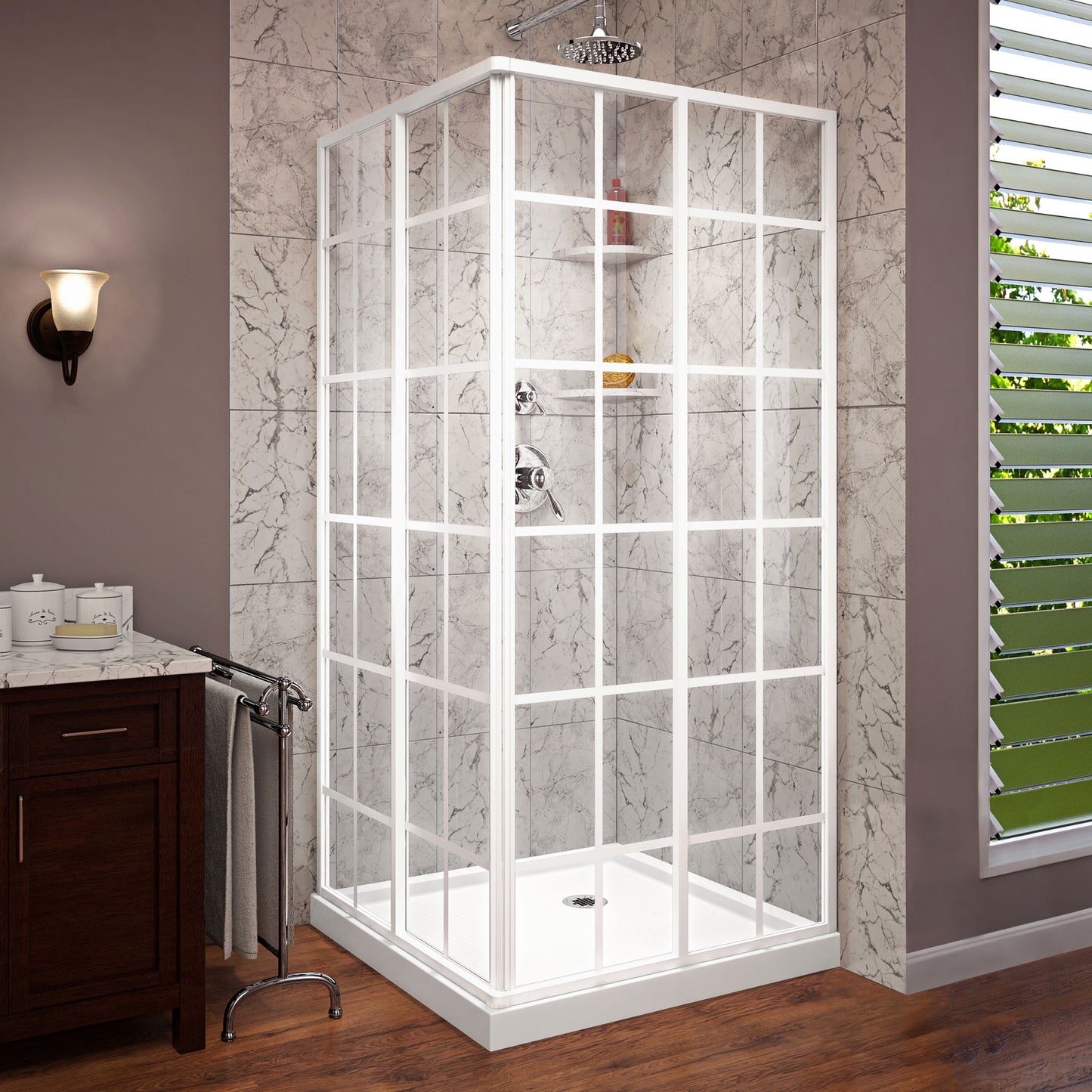 French Corner 36 in. D x 36 in. W x 74 3/4 in. H Sliding Shower Enclosure in White and Corner Drain White Base Kit