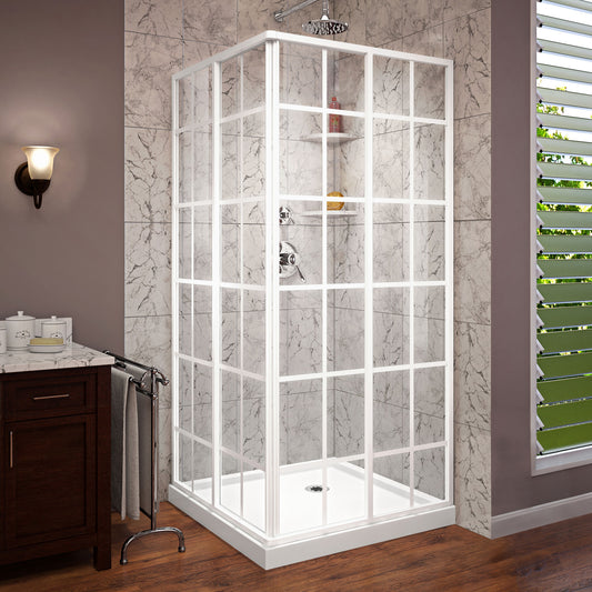 French Corner 36 in. D x 36 in. W x 74 3/4 in. H Sliding Shower Enclosure in White and Corner Drain White Base Kit