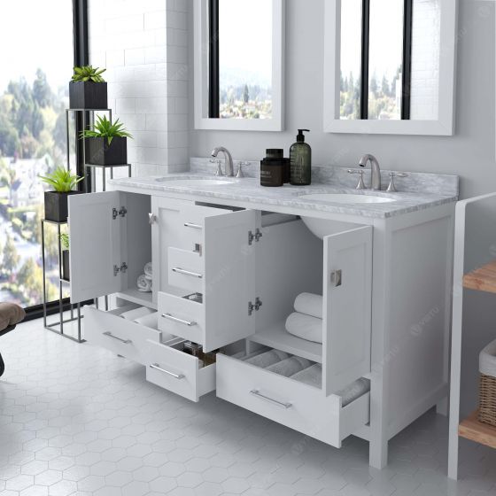 Caroline Avenue 60" Double Bath Vanity in White with White Marble Top and Round Sinks and Matching Mirror