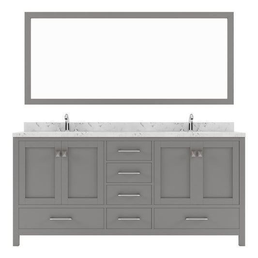 Caroline Avenue 72" Double Bath Vanity in Cashmere Gray with White Quartz Top and Round Sinks and Matching Mirror