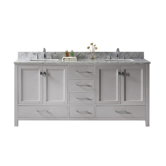 Caroline Avenue 72" Double Bath Vanity in Cashmere Gray with White Quartz Top and Square Sinks and Matching Mirror