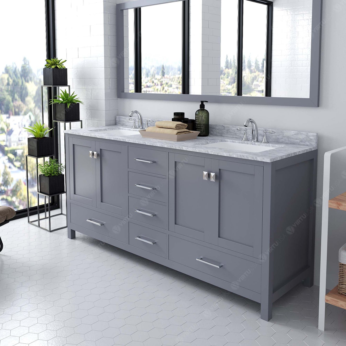 Caroline Avenue Double Vanity, Gray, 72", Square Sinks