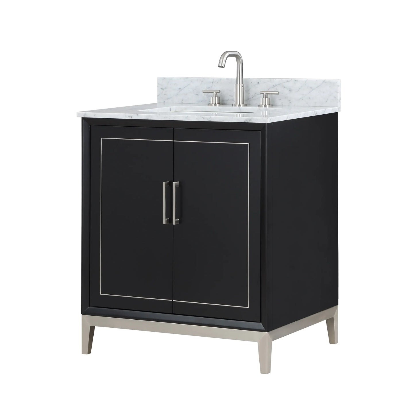 Gracie 30" Bathroom Vanity, Black with Carrara Marble top BRUSHED NICKEL TRIM
