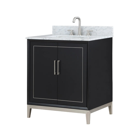 Gracie 30" Bathroom Vanity, Black with Carrara Marble top BRUSHED NICKEL TRIM