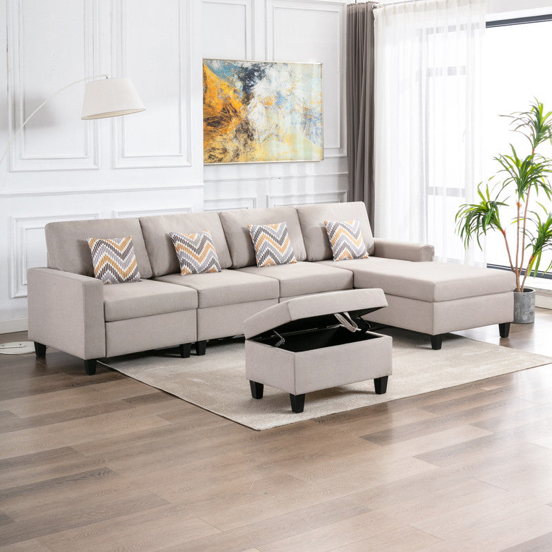 Nolan Beige Linen 5Pc Reversible Sofa Chaise with Storage Ottoman, 89420-22B