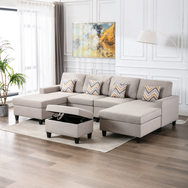 Nolan Beige Linen 5Pc Double Chaise Sectional Sofa with Storage Ottoman, Pillows