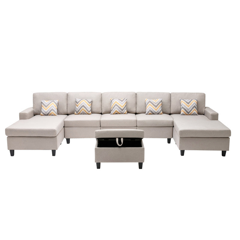 Nolan Beige Linen 6Pc Double Chaise Sectional Sofa with Storage Ottoman, Pillows