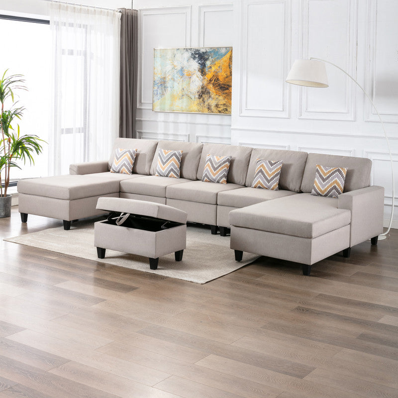 Nolan Beige Linen 6Pc Double Chaise Sectional Sofa with Storage Ottoman, Pillows