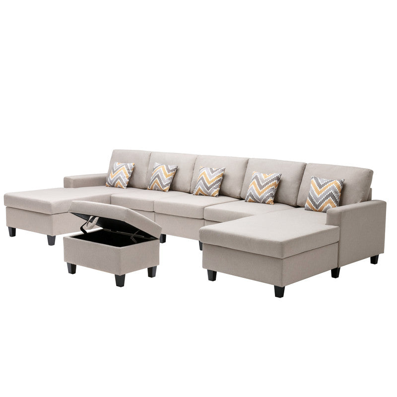 Nolan Beige Linen 6Pc Double Chaise Sectional Sofa with Storage Ottoman, Pillows