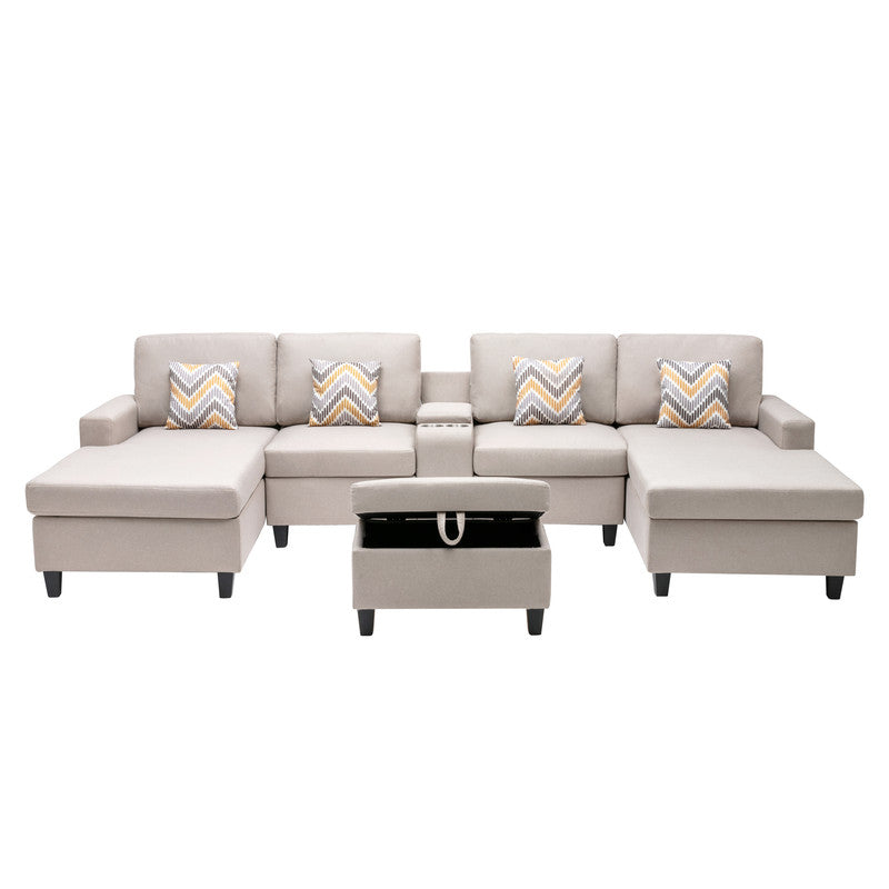 Nolan Beige Linen 6Pc Double Chaise Sectional Sofa, Console Table, Ottoman